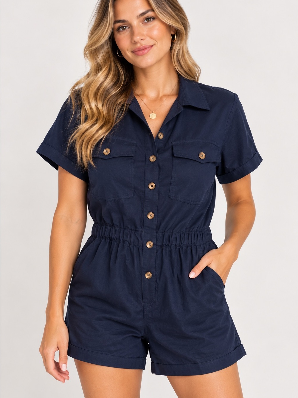 NWOT Rita Row Camelia Womens Navy Short Sleeve Utility Romper -sample